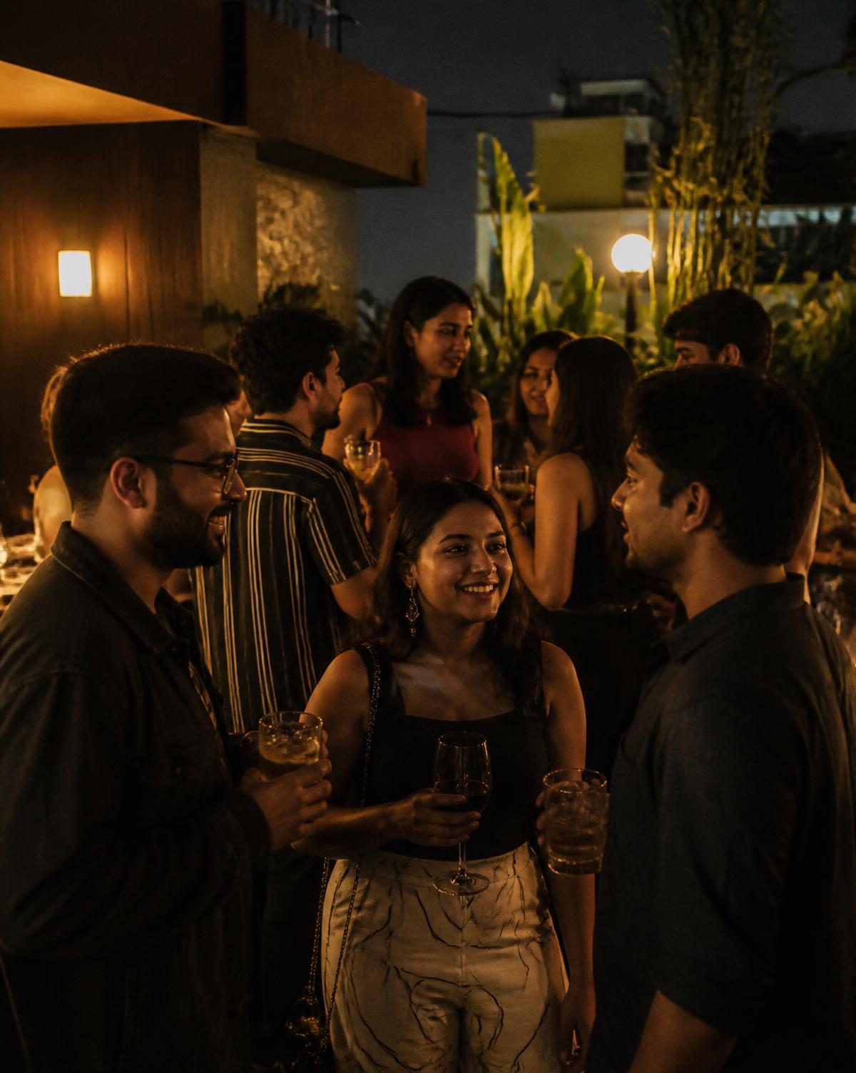 Young people holding drinks and talking at a private rooftop party in Bangalore