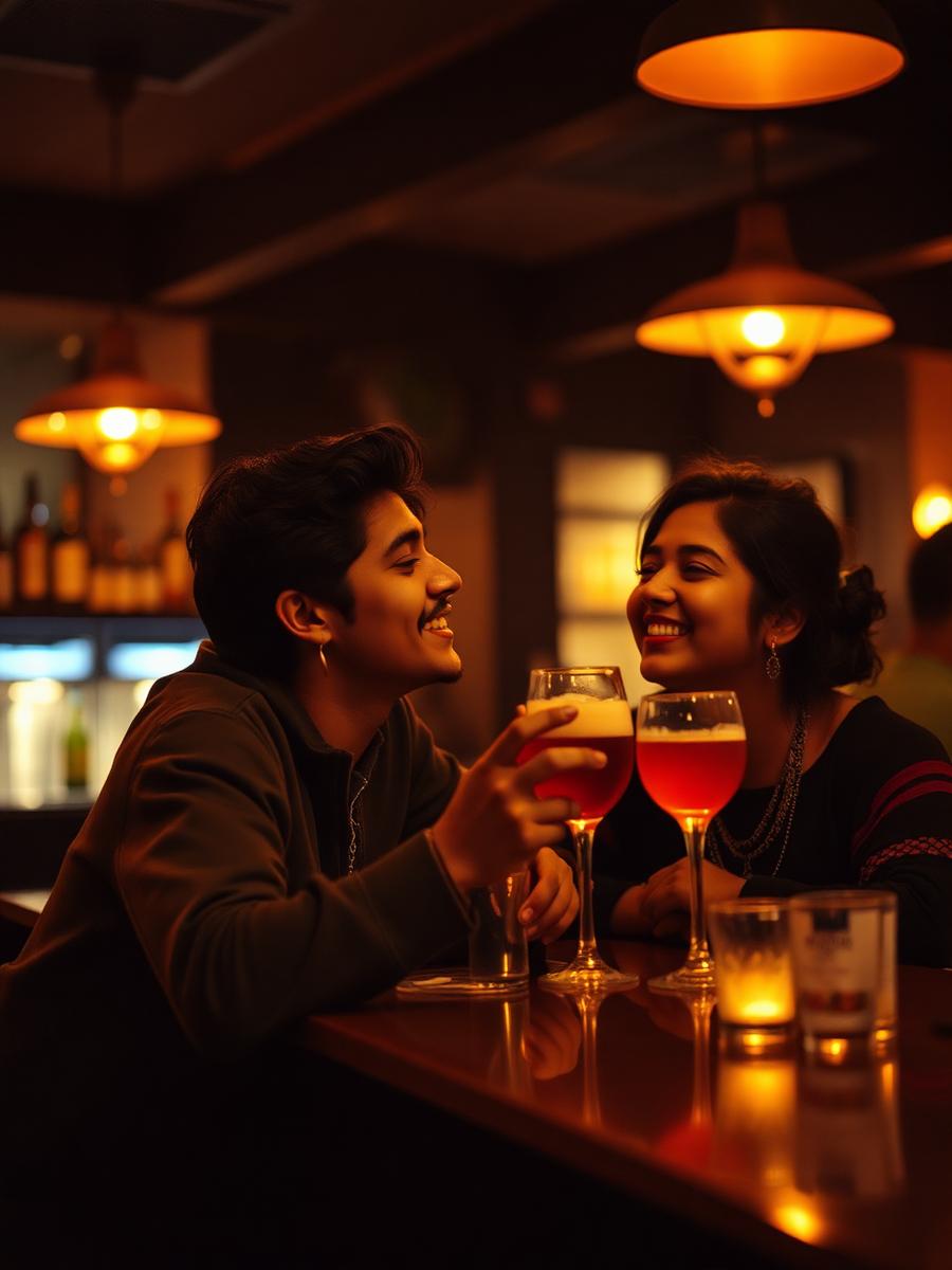 Two friends laughing over drinks at a warm-lit bar