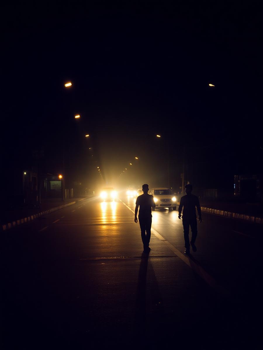 Bangalore street at night with warm streetlights