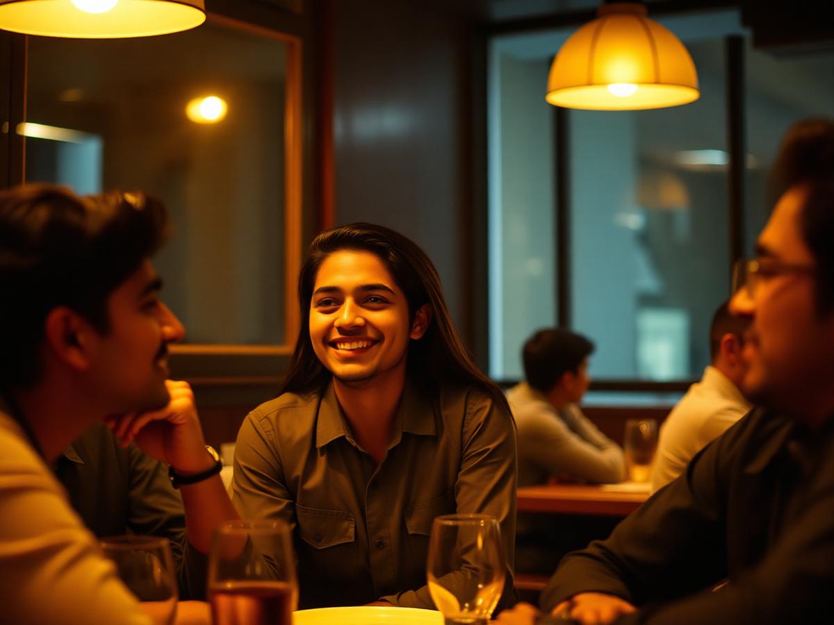 A small group mid-conversation in a warm restaurant